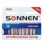 Батарейки SONNEN, AAA (LR03), комплект 10 шт., АЛКАЛИНОВЫЕ, в блистере, 1,5 В, 451089