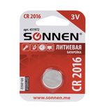 Батарейка SONNEN, CR2016 (таблетка), d=20 мм, h=1,6 мм, ЛИТИЕВАЯ, 1 шт., в блистере, 3 В, 451972