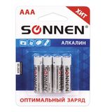 Батарейки SONNEN, AAA (LR03), комплект 4 шт., АЛКАЛИНОВЫЕ, в блистере, 1,5 В, 451088