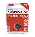 Батарейка SONNEN, CR2032 (таблетка), d=20 мм, h=3,2 мм, ЛИТИЕВАЯ, 1 шт., в блистере, 3 В, 451974