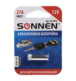 Батарейка SONNEN, 27А (MN27), АЛКАЛИНОВАЯ, 1 шт., в блистере, 12 В (для автосигнализаций), 451976