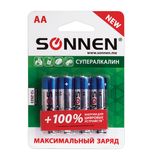 Батарейки SONNEN, AA (LR6), комплект 4 шт., СУПЕРАЛКАЛИНОВЫЕ, в блистере, 1,5 В, 451094