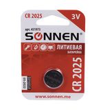 Батарейка SONNEN, CR2025 (таблетка), d=20 мм, h=2,5 мм, ЛИТИЕВАЯ, 1 шт., в блистере, 3 В, 451973