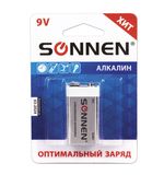 Батарейка SONNEN, 6LR61 (тип КРОНА), 1 шт., АЛКАЛИНОВЫЕ, в блистере, 9 В, 451092