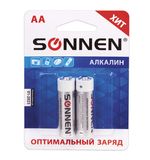 Батарейки SONNEN, AA (LR6), комплект 2 шт., АЛКАЛИНОВЫЕ, в блистере, 1,5 В, 451084
