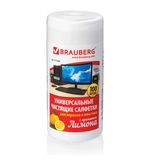 Чистящие салфетки BRAUBERG для экранов и пластика, универсальные, "Лимон", в тубе 100 шт., влажные, 511688