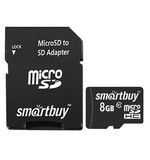 Карта памяти micro SDHC, 8 GB, SMARTBUY, 10 Мб/сек. (class 10), с адаптером, SB8GBSDCL10-01