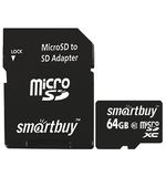 Карта памяти micro SDXC, 64 GB, SMARTBUY, 10 Мб/сек. (class 10), с адаптером, SB64GBSDCL10-01
