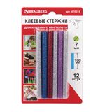 Клеевые стержни, диаметр 7 мм, длина 100 мм, цветные (ассорти), с блестками, комплект 12 шт., BRAUBERG, 670319