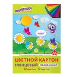 Цветной картон, А4, мелованный, 12 цветов, папка, 235 г/м2, ЮНЛАНДИЯ, 200х290 мм, 129566