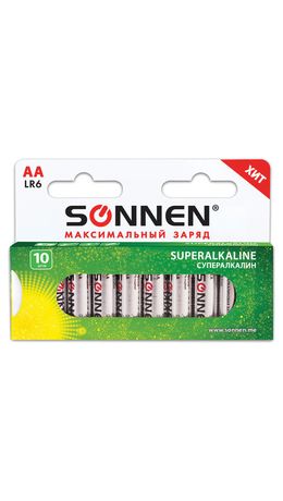 Батарейки SONNEN Super Alkaline, АА (LR06, 15А), алкалиновые, 10 шт, в коробке, 454231