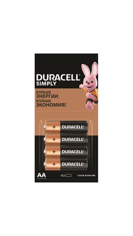Батарейки КОМПЛЕКТ 4 шт (один отрывной блок), DURACELL Simply, AA(LR06,15А),алкалиновые(ш/код29221), 5009139