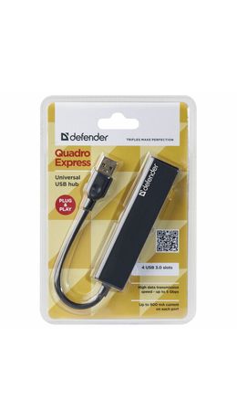 Хаб DEFENDER Quadro Express, USB 3.0, 4 порта, черный, 83204