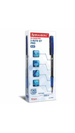 Ручка шариковая масляная с грипом BRAUBERG "i-Rite GT PRO", СИНЯЯ, корпус тонирированный черный, узел 0,4 мм, 143303