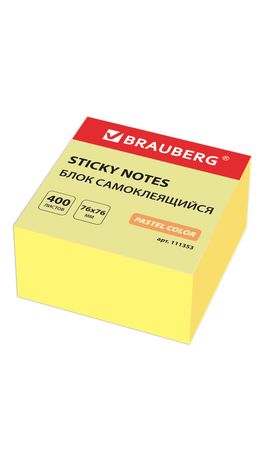 Блок самоклеящийся (стикеры) BRAUBERG 76*76мм, 400 листов, желтый, код_1С, 111353