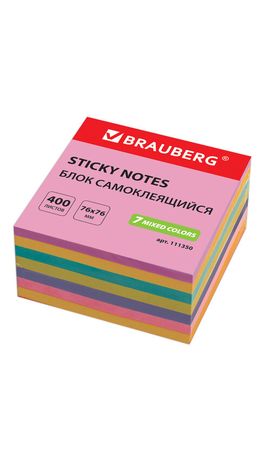 Блок самоклеящийся (стикеры) BRAUBERG НЕОНОВЫЙ 76*76мм, 400 листов, 7 цветов, код 1С, 111350