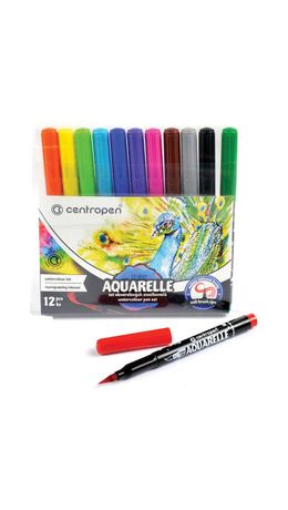 Маркеры-кисти акварельные 12 ЦВЕТОВ CENTROPEN "Aquarelle", линия письма 1-9 мм, 8683/12ET, 6 8683 1201