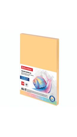 Бумага цветная BRAUBERG, А4, 80г/м, 100 л, пастель, оранжевая, для офисной техники, 112448
