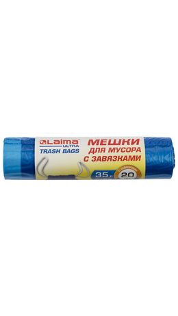 Мешки для мусора с завязками LAIMA "ULTRA" 35 л, синие, 20 шт., особо прочные, ПВД 20 мкм, 50х60 см, 607689