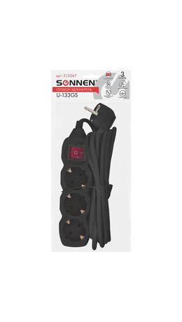 Удлинитель SONNEN U-133GS, 3 розетки, c заземлением, выключатель, 10А, длина 5 м, черный, 513267