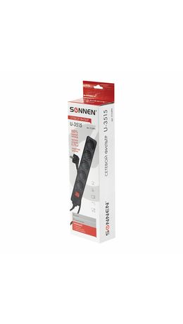 Сетевой фильтр SONNEN U-351,5 розеток, заземление, выключатель, 10А, длина 5м, черный, 513490