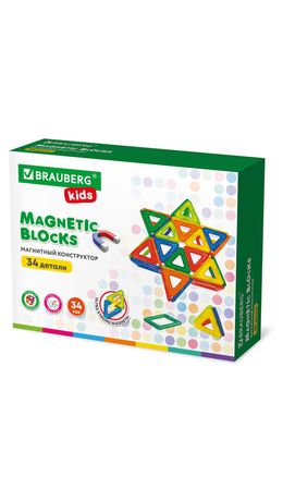 Магнитный конструктор BIG MAGNETIC BLOCKS-34, 34 детали, с колесной базой, BRAUBERG KIDS, 663845