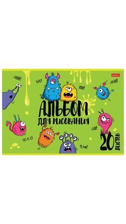 Альбом для рисования, А4, 20 л., скоба, обложка картон, выборочный лак, HATBER, 205х290 мм, "Монстрики" (5 видов), 20А4вмВ
