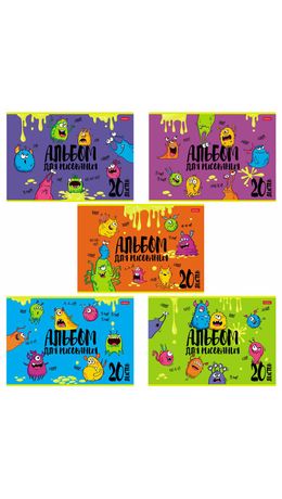 Альбом для рисования, А4, 20 л., скоба, обложка картон, выборочный лак, HATBER, 205х290 мм, "Монстрики" (5 видов), 20А4вмВ