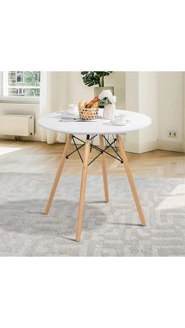 Стол обеденный BRABIX "Eames T-01", круглый диаметр 80 см, опоры дерево, пластик белый, 532633