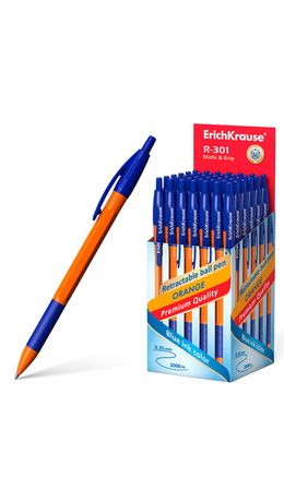 Ручка шариковая автоматическая с грипом ERICH KRAUSE "R-301 Orange", СИНЯЯ, 1,0 мм, линия письма 0,5 мм, 46762