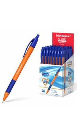 Ручка шариковая масляная автоматическая с грипом ERICH KRAUSE "U-209 Orange", СИНЯЯ, узел 1,0 мм, линия письма 0,3 мм, 47593