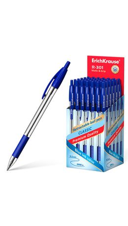 Ручка шариковая автоматическая с грипом ERICH KRAUSE "R-301 Classic", СИНЯЯ, 1,0 мм, линия письма 0,5 мм, 46758