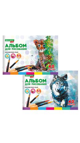 Альбом для рисования, А4, 40 листов, скоба, обложка картон, BRAUBERG KIDS, 200х285 мм, "Зверята" (2 вида), 106683