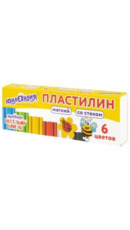 Пластилин мягкий ЮНЛАНДИЯ "ВЕСЕЛЫЙ ШМЕЛЬ", 6 цветов, 90 г, СО СТЕКОМ, 106671