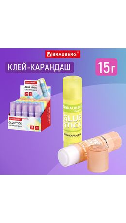 Клей-карандаш в пастельном корпусе BRAUBERG PASTEL, 15 г, PVP-основа, ассорти, 271249