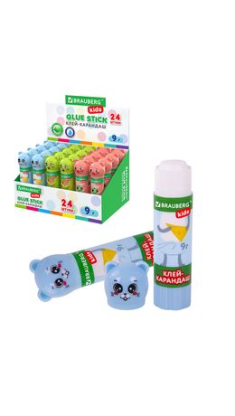Клей-карандаш "Зверята: кошка, мышка, хрюшка", 9 г, фигурный колпачок, BRAUBERG KIDS, 271138
