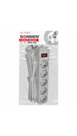 Сетевой фильтр SONNEN SPW-505, 5 розеток с заземлением, выключатель, 10 А, 5 м, белый, 513655