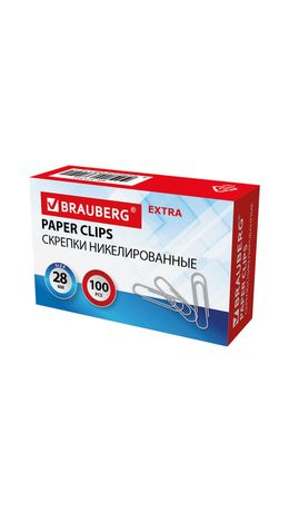 Скрепки EXTRA BRAUBERG 28 мм никелированные 100 штук, 271312