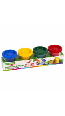 Пластилин-тесто для лепки BRAUBERG KIDS, 4 цвета, 200 г, яркие классические цвета, крышки-штампики, 106714
