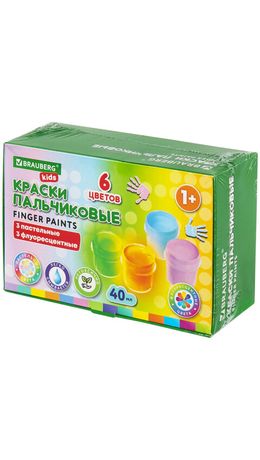 Краски пальчиковые для малышей от 1 года, 6 цветов (3 пастельных + 3 флуоресцентных) по 40 мл, BRAUBERG KIDS, 192400