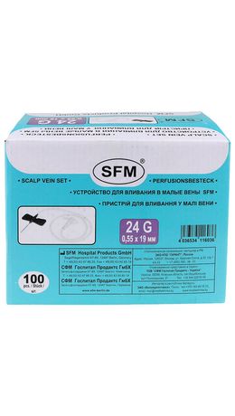Иглы-бабочки для вливания в малые вены SFM 0,55 х 19 - 24G, КОМПЛЕКТ 100 штук, LUER