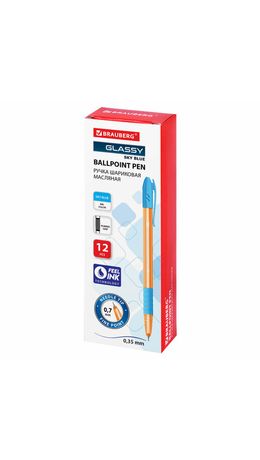 Ручка шариковая масляная с грипом BRAUBERG GLASSY SKY BLUE, СВЕТЛО-СИНЯЯ, узел 0,7 мм, линия письма 0,35 мм, 144107