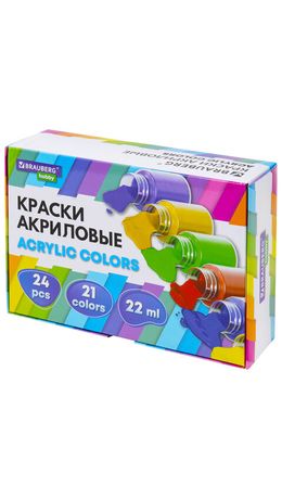 Краски акриловые художественные 24 шт., 21 цвет в банках по 22 мл, BRAUBERG HOBBY, 192412