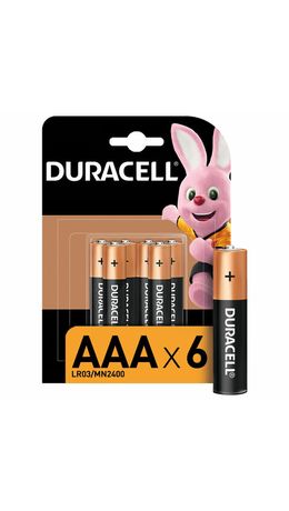 Батарейки КОМПЛЕКТ 6 шт., DURACELL Basic ОРИГИНАЛ, ААА (LR03, 24А), алкалиновые, мизинчиковые, Б0014858