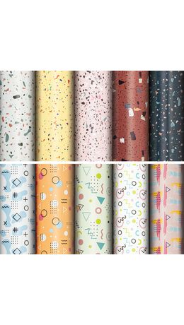Бумага упаковочная подарочная мелованная "Terrazzo&Memphis", 70х100 см, 10 дизайнов ассорти, ЗОЛОТАЯ СКАЗКА, 592054