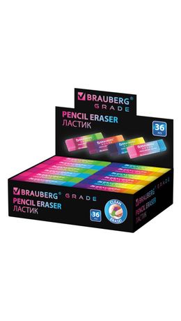 Ластик BRAUBERG GRADE, 60х15х10мм, картонный держатель, цвет ассорти, 271997
