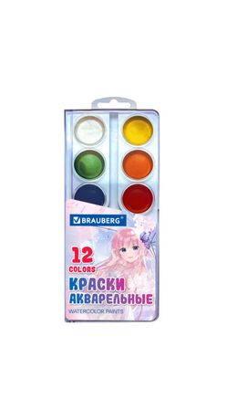 Краски акварельные BRAUBERG 12 цветов "Аниме", медовые, круглые кюветы, 192552