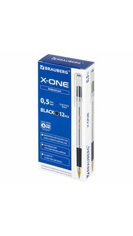 Ручка шариковая с грипом BRAUBERG "X-ONE", ЧЕРНАЯ, корпус прозрачный, узел 0,5 мм, линия письма 0,35 мм, 143988