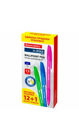 Ручка шариковая BRAUBERG "X-333 NEON", 12+1 В ПОДАРОК!, синяя, КОМПЛЕКТ 13 шт., узел 0,7 мм, линия 0,35 мм, 144250