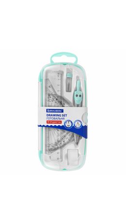 Готовальня BRAUBERG SCHOOL KIT, 8 предметов, циркуль 115 мм, чертежные принадлежности, мятный цвет, 210705